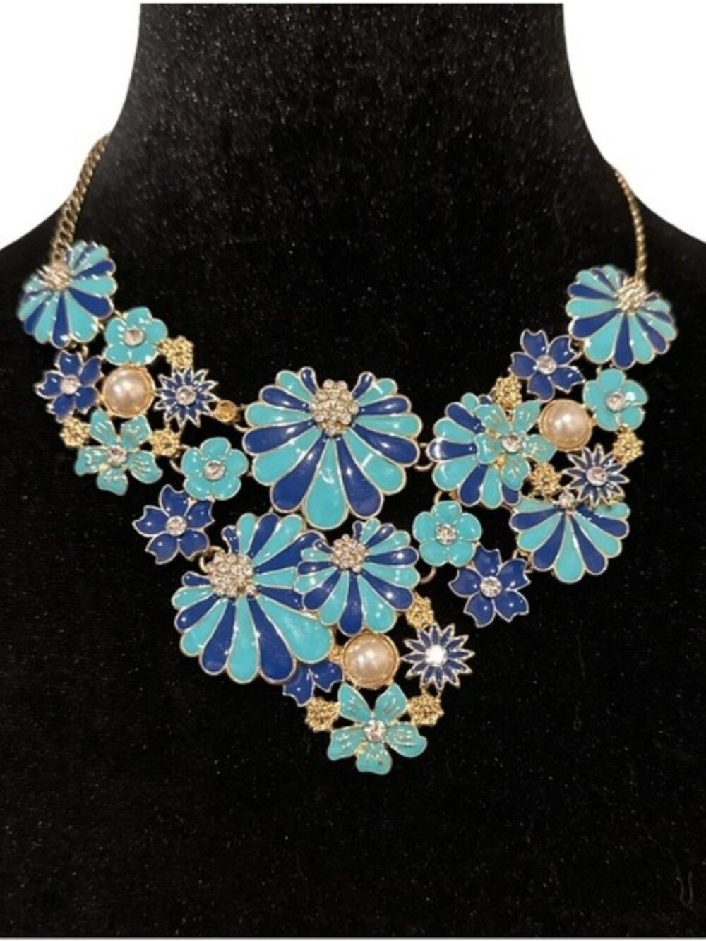 Amrita Singh Statement Necklace Navy Blue Enamel Rhinestone Faux Pearl 18 Inch